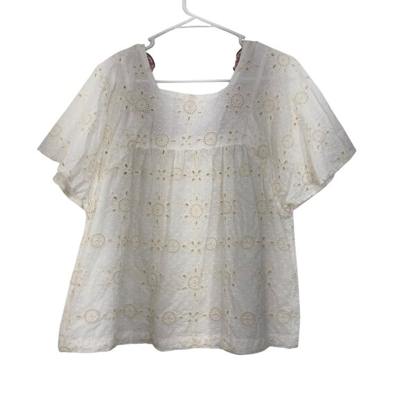 THML Cream Eyelet Short Sleeve Top With Embroidered Neckline Womens SZ M Cotton - Picture 8 of 9